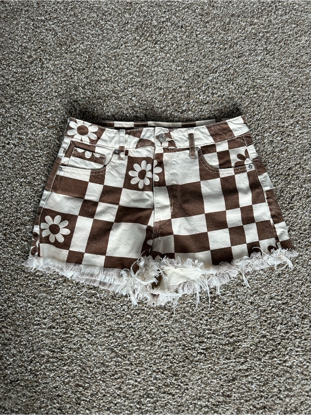PacSun Brown & White Checker Daisy Frayed Hem Jean Shorts